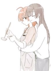 Rule 34 | 2girls, apron, black pants, brown eyes, brown hair, brown shirt, closed eyes, closed mouth, commentary request, from side, grey apron, heads together, holding, holding ladle, holding saucer, hug, hug from behind, koito yuu, ladle, long hair, long sleeves, looking at another, multiple girls, nanami touko, nyamo, orange hair, pants, saucer, shirt, short hair, simple background, smile, white background, white shirt, yagate kimi ni naru, yuri