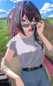 1girl absurdres adjusting_eyewear alternate_costume asymmetrical_sidelocks azki_(hololive) belt black_belt black_hair blue_pants blue_sky blush braid colored_inner_hair cowboy_shot denim double-parted_bangs eyewear_pull grin hair_between_eyes hair_intakes hair_ornament hairclip half_up_half_down_braid hand_on_eyewear highres hololive jacket jacket_partially_removed jeans long_hair looking_afar looking_over_eyewear mole mole_under_eye multicolored_hair nmhdtnr1 off_shoulder outdoors pants parted_lips pink_hair pink_streaks ponytail purple_eyes shirt short_ponytail sidelocks sky smile solo streaked_hair sunglasses thigh_strap v-shaped_eyebrows very_long_hair virtual_youtuber white_shirt white_streaks