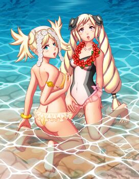 2girls absurdres ass barefoot beach bikini blonde_hair blue_eyes breasts butt_crack covered_erect_nipples covered_navel elise_(fire_emblem) elise_(tropical_flower)_(fire_emblem) fire_emblem fire_emblem_awakening fire_emblem_fates flower flower_necklace frilled_bikini frills highres imo_karubi jewelry lei lissa_(fire_emblem) long_hair medium_breasts multiple_girls necklace nintendo ocean official_alternate_costume one-piece_swimsuit partially_submerged purple_eyes strapless strapless_bikini swimsuit water yellow_bikini