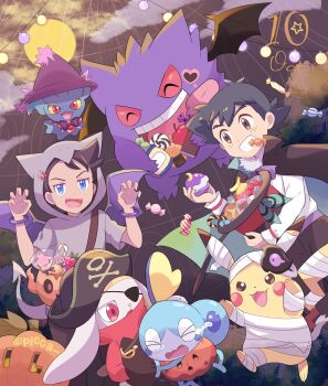 2boys ash_ketchum black_cape black_hair blue_eyes bracelet brown_eyes brown_hair candy cape claw_pose clenched_teeth commentary fangs food galarian_form galarian_yamask gen_1_pokemon gen_2_pokemon gen_6_pokemon gen_8_pokemon gengar goh_(pokemon) halloween hand_up highres holding hood hood_up jack-o'-lantern jewelry male_focus mei_(maysroom) misdreavus mouth_hold multiple_boys nintendo open_mouth phantump pikachu pokemon pokemon_(anime) pokemon_(creature) pokemon_journeys raboot ribbon sobble teeth tongue