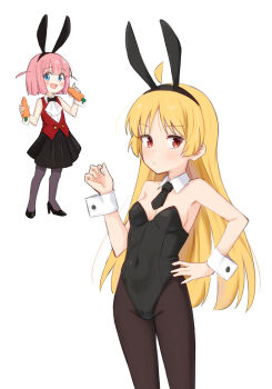 2girls ahoge animal_ear_hairband animal_ears armpits ascot bare_shoulders black_bow black_bowtie black_hairband black_leotard black_necktie black_pantyhose black_shoes black_skirt blonde_hair blue_eyes blush bocchi_the_rock! bow bowtie breasts buttons carrot closed_mouth collar collared_shirt commentary cowboy_shot detached_collar fake_animal_ears full_body gotoh_futari grey_pantyhose hairband hand_on_own_hip hand_up high_heels highres holding holding_carrot ijichi_seika kuramoto_takato leotard long_hair looking_at_viewer medium_breasts multiple_girls necktie open_mouth pantyhose pink_hair playboy_bunny pleated_skirt rabbit_ear_hairband rabbit_ears red_eyes red_vest shirt shoes short_hair simple_background skirt sleeveless sleeveless_shirt smile standing two_side_up vest white_ascot white_background white_collar white_shirt white_wrist_cuffs wrist_cuffs