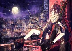 Rule 34 | 1boy, ahoge, architecture, black cat, black footwear, black jacket, black sleeves, black socks, branch, breath, cat, cloud, colored sclera, commentary, cross-laced clothes, cross-laced sleeves, east asian architecture, flower, full body, full moon, guqin, hair between eyes, hashtag-only commentary, holding, holding instrument, instrument, jacket, japanese clothes, long hair, long sleeves, looking outside, low ponytail, male focus, moon, multicolored nails, mura karuki, night, night sky, okobo, open clothes, open jacket, open mouth, original, petals, pink eyes, purple hair, purple sky, red flower, red shirt, red shorts, sandals, shirt, shorts, sitting, sky, snow, socks, solo, star (sky), starry sky, tabi, tassel, village, wide sleeves, window, yellow sclera