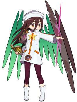 1girl ami_(ammy33) armor black_pants book boots brown_hair coat etrian_odyssey female_focus fingerless_gloves full_body gloves hat holding holding_book large_variant_set long_hair long_sleeves looking_at_viewer magic open_book open_mouth orange_eyes outstretched_arm pants sekaiju_no_meikyuu sekaiju_no_meikyuu_3 shoulder_armor solo standing star_(symbol) variant_set white_boots white_coat white_hat zodiac_(sekaiju) zodiac_2_(sekaiju)