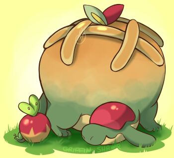 Rule 34 | apple, appletun, applin, artist name, closed mouth, commentary, covered eyes, english commentary, evolutionary line, food, fruit, gen 8 pokemon, grass, griffinshrimp, highres, nintendo, no humans, pokemon, pokemon (creature), pokemon focus, signature