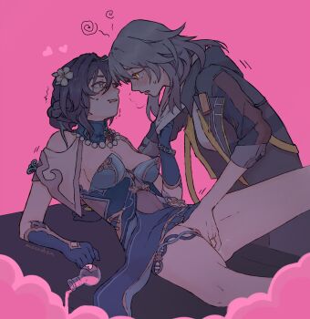 2girls artist_name black_jacket blue_dress blue_hair blush breasts breath brown_hair cleavage commentary dress elbow_gloves english_commentary fingering flower gloves grey_hair hair_flower hair_ornament heart highres honkai:_star_rail honkai_(series) jacket long_hair long_sleeves looking_at_another love_potion medium_breasts moccobea multicolored_hair multiple_girls parted_lips pink_background pussy_juice ruan_mei_(honkai:_star_rail) sideboob simple_background smile stelle_(honkai:_star_rail) streaked_hair sweat trailblazer_(honkai:_star_rail) white_flower yellow_eyes yuri