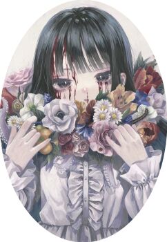 1girl black_hair blood blood_from_forehead border center_frills commentary expressionless eyelashes flower flower_request frills highres long_hair long_sleeves looking_at_viewer monou_pico nosebleed original oval_image solo upper_body white_border