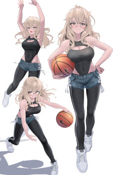 1girl absurdres arms_up ball basketball basketball_(object) black_leggings black_leotard blonde_hair blue_shorts blush brown_eyes cleavage_cutout closed_mouth clothing_cutout commentary_request covered_navel denim denim_shorts eyelashes full_body glasses hand_on_own_hip highres holding holding_ball leggings leggings_under_shorts leotard leotard_under_clothes long_hair multiple_views open_mouth original round_eyewear shadow shoes short_shorts shorts simple_background smile sportswear sthk throwing tight_clothes tongue tongue_out white_background white_shoes
