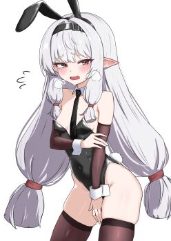 Rule 34 | 1girl, absurdres, animal ears, bare shoulders, black leotard, black necktie, blush, breasts, brown sleeves, brown thighhighs, commission, covered navel, cowboy shot, detached collar, detached sleeves, embarrassed, fake animal ears, fake tail, hair belt, highleg, highleg leotard, highres, leotard, long hair, looking at viewer, low twintails, necktie, oldsickkim, open mouth, original, playboy bunny, pointy ears, rabbit ears, rabbit tail, red eyes, second-party source, sidelocks, simple background, skindentation, small breasts, solo, strapless, strapless leotard, sweat, tail, thighhighs, thighs, twintails, very long hair, wavy mouth, white background, white hair, wrist cuffs