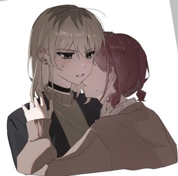 2girls black_choker black_jacket blush brown_sweater choker earrings girls_band_cry grey_eyes grey_hair i2727272727 iseri_nina jacket jewelry kawaragi_momoka multicolored_hair multiple_girls parted_lips red_hair roots_(hair) short_twintails sweat sweater twintails white_background yuri