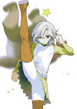 Rule 34 | 2boys, bags under eyes, black eyes, boots, dungeon meshi, elf, fighting stance, gapamopa, gorget, green shirt, grey hair, high kick, highres, kicking, lazy eye, long sleeves, looking at viewer, male focus, mithrun, multiple boys, notched ear, pointy ears, shirt, short hair, thigh boots, tunic, uneven eyes, wavy hair, white background