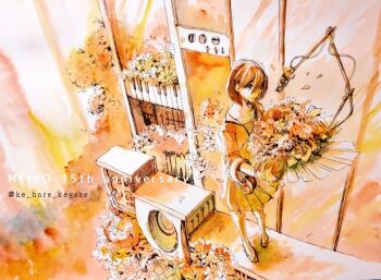 1girl anniversary audio_cable bouquet brown_hair cable character_name commentary dial dress expressionless female_focus flower from_above headphones headphones_around_arm holding holding_bouquet instrument jacket ke_hare_kegare keyboard_(instrument) meiko_(vocaloid) microphone painting_(medium) petals short_hair solo speaker switch traditional_media twitter_username vocaloid watercolor_(medium) wide_shot