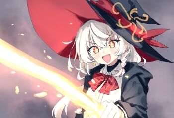 +_+ 1girl :d black_jacket blue_archive blush bow bowtie braid collared_shirt commentary_request diagonal-striped_bow diagonal-striped_bowtie diagonal-striped_clothes earrings eri_(blue_archive) floating_earrings floating_hair glowing grey_background hair_over_shoulder halo harry_potter_(series) hat hood hood_down jacket jewelry long_hair long_sleeves low-tied_long_hair magic meme open_clothes open_jacket open_mouth orange_eyes orange_halo otoware_potter_(meme) red_bow red_bowtie shigatsu_shizuki shirt side_braid sidelocks smile solo sparks striped_bow striped_bowtie striped_clothes turtleneck v-shaped_eyebrows very_long_hair white_shirt witch_hat wizarding_world