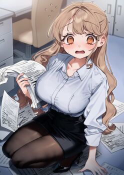 1girl @_@ black_shoes black_skirt blue_shirt breasts brown_hair brown_pantyhose chair chibi_kyonyuu collarbone collared_shirt highres holding holding_paper indoors kodama_sawa_(sakura_yuki) large_breasts long_hair long_sleeves looking_at_viewer office_lady open_mouth orange_eyes pantyhose paper sakura_yuki_(clochette) shirt shoes skirt solo squatting