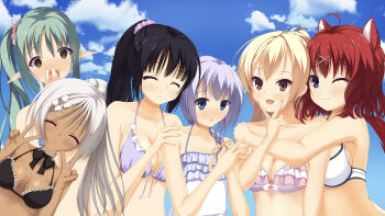 6+girls :d :o ;3 @_@ ^_^ absurdres ahoge amagiri_yune amairo_islenauts animal_ears bare_shoulders bikini black_bikini black_bow black_bowtie black_hair blonde_hair blue_eyes blue_hair blue_one-piece_swimsuit blue_sky blunt_bangs blush bow bowtie braid breasts choker cleavage closed_eyes closed_mouth cloud collarbone commentary_request covering_own_mouth dark-skinned_female dark_skin day double_v elf embarrassed eyes_visible_through_hair facing_viewer fingernails frilled_bikini frilled_choker frilled_one-piece_swimsuit frills furrowed_brow green_hair grey_hair hair_between_eyes hair_bow hair_ornament hair_over_shoulder hair_scrunchie halterneck hand_on_another&#039;s_shoulder hands_up highres hinomiya_konoka hug hug_from_behind large_breasts long_hair looking_at_viewer masaki_gaillard medium_breasts medium_hair multicolored_scrunchie multiple_girls nose_blush official_alternate_costume one-piece_swimsuit one_eye_closed open_mouth orange_eyes outdoors own_hands_together pink_bikini pink_scrunchie pointy_ears pom_pom_(clothes) pom_pom_hair_ornament ponytail purple_bikini red_hair reiji_tsukimi scrunchie shiraga_airi shirley_warwick shy side-by-side side_ponytail single_braid sky smile split_mouth straight_hair swimsuit tail tail_raised tia_hohenwerfen upper_body v v_over_mouth white_bikini white_bow wolf_ears wolf_girl wolf_tail x_hair_ornament yellow_eyes