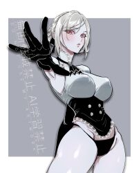 1girl ascot black_panties blush breasts ender_lilies_quietus_of_the_knights ender_magnolia_bloom_in_the_mist expressionless gloves grey_hair hair_bun highres large_breasts looking_at_viewer no_mask nola_(ender_magnolia) panties parted_lips red_eyes shirt skin_tight sleeveless sleeveless_shirt solo underwear yunosuke_(ouuouukun)