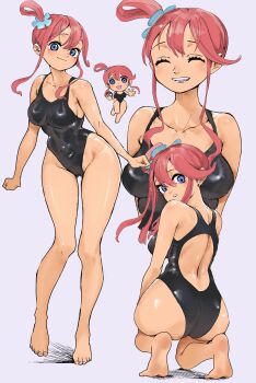 Rule 34 | 1girl, ass, backless swimsuit, barefoot, black one-piece swimsuit, blue eyes, breasts, chibi, collarbone, commentary request, competition swimsuit, flower, from behind, hair flower, hair ornament, highres, holding, holding poke ball, long sidelocks, looking at viewer, multiple views, nintendo, one-piece swimsuit, poke ball, pokemon, pokemon bw, red hair, short hair with long locks, sidelocks, simple background, skyla (pokemon), smile, soles, sukoyaka tsukasa, swimsuit