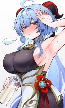 1girl :o ahoge arm_up armpits bell blue_hair bottle breasts breath commentary_request covered_erect_nipples enipa_28 ganyu_(genshin_impact) genshin_impact goat_horns highres holding holding_bottle horns hot large_breasts milk_bottle neck_bell simple_background solo sweat vision_(genshin_impact) white_background yellow_eyes