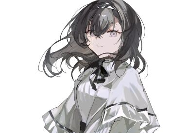 1girl arknights black_hair black_hairband closed_mouth commentary_request floating_hair fumi_(rdbm) grey_eyes grey_jacket grey_shirt hair_between_eyes hairband highres jacket looking_at_viewer medium_hair partial_commentary priestess_(arknights) shirt simple_background solo upper_body white_background