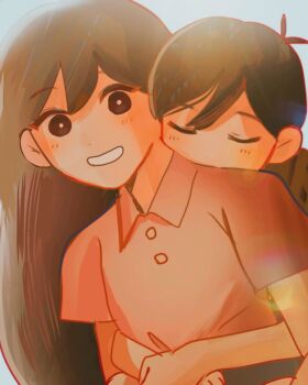 1boy 1girl :d aged_down antenna_hair black_eyes black_hair black_shirt bright_pupils brother_and_sister buttons carrying closed_eyes collared_shirt covered_mouth derivative_work double-parted_bangs gimu108 grey_background grin hair_behind_ear hair_between_eyes hashtag-only_commentary highres hug lens_flare long_hair looking_at_viewer mari_(faraway)_(omori) mari_(omori) omocat_(style) omori open_mouth own_hands_together piggyback pink_shirt screenshot_redraw shirt short_hair short_sleeves siblings simple_background smile sunny_(omori) u_u upper_body very_short_hair white_pupils