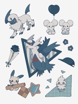 Rule 34 | absol, balloon, baseball cap, blue bow, blue flower, blue hat, blue theme, blush, bow, closed mouth, cookie, flower, food, gen 3 pokemon, gen 5 pokemon, hat, heart balloon, highres, latios, legendary pokemon, looking at viewer, looking to the side, minun, minus sign, nintendo, no humans, one eye closed, open mouth, parted lips, pokemon, pokemon (creature), pokemon focus, red eyes, smile, smprfms, tandemaus, unworn headwear, vanillite, white background