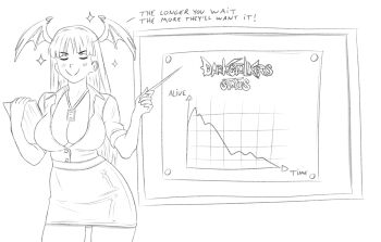 1girl bat_wings breasts celebelian chart cleavage closed_eyes commentary darkstalkers demon_girl english_commentary english_text head_wings highres id_card lanyard large_breasts miniskirt monochrome morrigan_aensland office_lady pencil_skirt shirt skirt smile solo sparkle standing wings