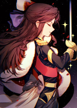 Rule 34 | 1girl, absurdres, back bow, black jacket, blue bow, bow, brown hair, chromatic aberration, closed eyes, closed mouth, commentary request, enip o, epaulettes, falling petals, from side, fur-trimmed jacket, fur trim, grey bow, hair bow, half updo, highres, holding, holding sword, holding weapon, jacket, jacket on shoulders, light particles, long hair, long sleeves, petals, rapier, red jacket, shoujo kageki revue starlight, solo, sparkle, sword, tendou maya, translation request, upper body, weapon