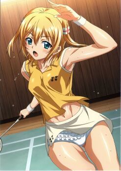 abs armpits badminton_racket belly blonde_hair hair_between_eyes hairdressing highres interior kamimura_chika kouzaka_kouhei panties racket sisters_~natsu_no_saigo_no_hi~ solo sportswear sweat tennis tennis_racket tennis_uniform two_side_up underwear upskirt