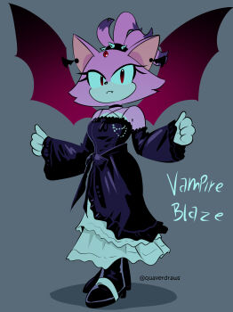 1girl absurdres alternate_costume animal_ears bare_shoulders bat_earrings bat_wings black_dress blaze_the_cat cat_ears cat_girl closed_mouth commentary detached_sleeves dress earrings english_commentary english_text eyelashes fangs forehead_jewel full_body furry furry_female gloves halloween_costume highres jewelry long_sleeves looking_at_viewer purple_fur quaverdraws red_eyes solo sonic_(series) twitter_username vampire white_gloves wings