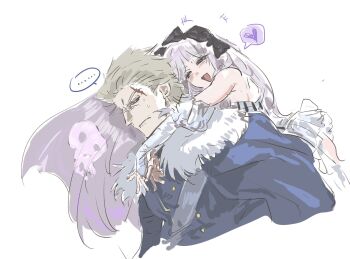 +++ ... 1boy 1girl bare_shoulders blonde_hair blue_cape bone_print bow buttons cape colored_inner_hair commentary_request cropped_torso detached_sleeves fate/strange_fake fate_(series) francesca_prelati_(fate) fur-trimmed_cape fur_trim gio_dwinter grimace hair_bow heart highres leaning_on_person long_sleeves looking_at_another multicolored_hair multiple_hair_bows open_mouth orlando_reeve purple_hair sash scar scar_on_face sideways_glance sketch skull skull_print sleeves_past_wrists smile spoken_heart striped_clothes sweatdrop vertical-striped_clothes white_hair