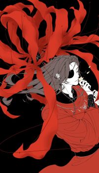 1boy allinmay beads belt black_background black_belt black_theme blunt_ends bracelet braid brown_hair butterfly_necklace chinese_clothes closed_eyes collarbone curtained_hair dutch_angle expressionless eyepatch falling_petals flat_color floating_hair flower flower_umbrella from_above hair_beads hair_ornament hands_up hanfu highres holding holding_flower holding_umbrella hua_cheng jewelry limited_palette long_hair male_focus mandarin_collar necklace oil-paper_umbrella optical_illusion oversized_flower parted_bangs parted_lips petals piercing_hole pink_flower pointy_ears profile red_flower red_hanfu red_theme side_braid silver_necklace simple_background single_braid smelling smelling_flower spider_lily string string_around_finger string_of_fate symbolism tianguan_cifu twitter_username umbrella upper_body yuanlingpao