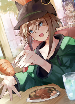 3girls absurdres animal_ears bimmy blue_eyes blue_hair blush brown_hair carrot carrot_hamburger_steak cheval_grand_(casual)_(umamusume) cheval_grand_(umamusume) commentary diner drawstring ear_covers ears_through_headwear food green_hoodie hair_between_eyes hat highres holding holding_food hood hood_down hoodie horse_ears horse_girl long_hair long_sleeves mole mole_under_eye multicolored_hair multiple_girls muted_color o_o open_mouth shirt single_ear_cover sitting smile sparkle steak streaked_hair table twintails umamusume v_sisters verxina_(umamusume) vivlos_(umamusume) white_hair white_hat
