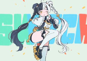 1girl ahoge black_hair braid braided_twintails china_dress chinese_clothes commentary_request detached_sleeves dialyn_(zenless_zone_zero) double_bun dress earrings green_background hair_bun hair_extensions hair_ornament hairclip highres id_card jewelry long_hair looking_at_viewer multicolored_hair necktie one_eye_closed open_mouth palm-fist_greeting ring_hair_extensions shiro_chan46 solo split-color_hair standing standing_on_one_leg thighhighs white_dress white_hair white_thighhighs wire yellow_eyes yellow_necktie zenless_zone_zero