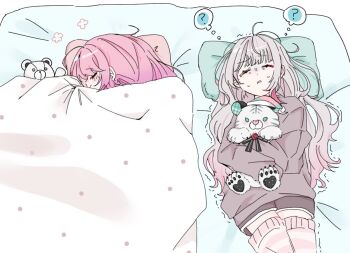 2girls ? blanket closed_eyes grey_hair haruse_(p7046991557647) holding holding_stuffed_toy ishigami_nozomi kuramochi_meruto long_hair long_sleeves multicolored_hair multiple_girls nijisanji on_bed pink_hair shorts sleeping streaked_hair stuffed_animal stuffed_toy thighhighs trembling under_covers virtual_youtuber