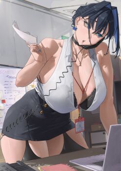 1girl absurdres archinoer bare_arms black_bra black_hair black_skirt black_thighhighs blue_eyes blue_hair bow bow_earrings bra breasts cleavage collared_shirt colored_inner_hair commentary corded_phone covered_navel earrings english_commentary fanged_bangs hair_flaps hair_intakes high-waist_skirt highres holding holding_paper hololive hololive_english huge_breasts indoors jewelry lace lace-trimmed_bra lace_trim lanyard multicolored_hair office_lady open_mouth ouro_kronii paper pencil_skirt phone shirt shirt_tucked_in short_hair skirt sleeveless sleeveless_shirt solo thighhighs underwear virtual_youtuber white_shirt