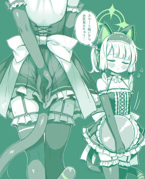 1girl alternate_costume animal_ear_headphones animal_ears apron back bare_shoulders blue_archive blush bow bowtie breasts cat_ear_headphones cat_ears cat_tail cleavage collar commentary_request covering_ass covering_privates cross-laced_clothes cross-laced_dress dot_nose dress dress_tug elbow_gloves enmaided fake_animal_ears fake_tail flying_sweatdrops frilled_apron frilled_collar frilled_dress frilled_gloves frilled_thigh_strap frilled_thighhighs frills from_behind garter_straps gloves green_theme headphones highres holding holding_tray kneepits loli low-tied_sidelocks low_twintails maid microdress midori_(blue_archive) monochrome multiple_views pleated_dress raised_inner_eyebrows short_hair shoulder_blades sidelocks simple_background sleeveless sleeveless_dress small_breasts solo standing tail takahero thigh_strap thighhighs thighs tray twintails zettai_ryouiki