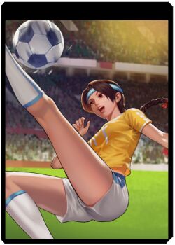 1girl argentina braid braided_ponytail breasts brown_eyes brown_hair female_focus flag large_breasts long_hair official_art pale_skin pants playing_games playing_sports ponytail shirt shorts soccer soccer_field soccer_uniform socks sportswear stadium stage the_king_of_fighters thick_thighs thighs yuri_sakazaki