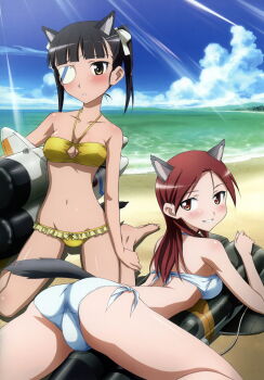 2girls absurdres alternate_hairstyle animal_ears ass barefoot beach bikini black_hair blue_sky blush breasts cameltoe cleavage cloud day eyepatch feet from_behind highres kaidou_hiroyuki light_rays long_hair looking_at_viewer looking_back lying mc_axis medium_breasts minna-dietlinde_wilcke multiple_girls navel ocean official_art outdoors red_eyes red_hair sakamoto_mio shiny_skin side-tie_bikini_bottom sky straddling strike_witches striker_unit sunbeam sunlight swimsuit tail twintails water white_bikini world_witches_series yellow_bikini yellow_eyes