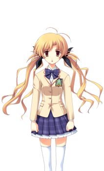 1girl antenna_hair black_bow blazer blonde_hair bow bowtie breasts brown_eyes brown_jacket chaos;head collared_shirt dress_shirt empty_eyes expressionless game_cg hair_bow jacket looking_at_viewer matsuo_yukihiro miniskirt non-web_source official_art open_mouth orihara_kozue petticoat plaid_bow plaid_bowtie plaid_clothes plaid_skirt purple_bow purple_bowtie school_uniform science_adventure shirt skirt small_breasts solo sprite suimei_academy_school_uniform thighhighs transparent_background twintails white_shirt white_thighhighs winter_uniform zettai_ryouiki