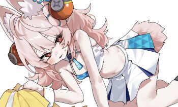 1girl animal_ears breasts cheerleader commentary_request danbal furry furry_female highres holding holding_pom_poms korean_commentary long_hair looking_at_viewer millennium_cheerleader_outfit_(blue_archive) miniskirt navel open_mouth pink_hair pleated_skirt pom_pom_(cheerleading) pom_poms rabbit_ears rabbit_girl rabbit_tail red_eyes simple_background skirt small_breasts solo tail white_background zenless_zone_zero zhao_(zenless_zone_zero)