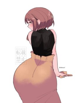 Rule 34 | 1girl, 326xxx1, artist name, ass, ass focus, bare shoulders, blush, boku no hero academia, brown eyes, brown hair, character name, female focus, formal clothes, highres, looking at viewer, looking back, matching hair/eyes, sidelocks, simple background, sleeveless, solo, twitter username, uraraka ochako, watermark, white background