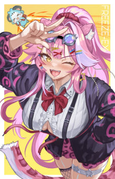 1girl animal_ears animal_print black_jacket black_thighhighs blush bow bowtie breasts center_frills center_opening chattino_(raora_panthera) collarbone collared_shirt commentary earrings english_commentary fangs fishnet_thighhighs fishnets freeze-ex frills goggles goggles_on_head hair_intakes hair_ornament hairclip high_ponytail hololive hololive_english jacket jetpack jewelry large_breasts leopard_print long_hair long_sleeves looking_at_viewer multicolored_hair one_eye_closed open_mouth panther_ears panther_girl panther_tail pink_hair pink_skirt pink_tail ponytail raora_panthera red_bow red_bowtie shirt skirt smile star_(symbol) star_earrings streaked_hair tail thigh_strap thighhighs thighs tongue two-tone_hair virtual_youtuber w white_background white_shirt yellow_background yellow_eyes