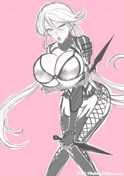 1girl armor bikini_top breasts cleavage highres huge_breasts j_no_2ban japanese_armor kasuga kasuga_(sengoku_basara) kunai long_hair ninja scarf sengoku_basara weapon