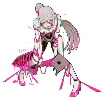 Rule 34 | 1girl, albina (project moon), android, commentary request, e.g.o (project moon), full body, grey hair, high heels, highres, holding, holding sword, holding weapon, korean commentary, limbus company, looking at viewer, misg1111, open mouth, pink eyes, pink ribbon, pink shoes, pink shoes (project moon), ponytail, project moon, ribbon, roseate desire (e.g.o), shoes, simple background, smile, solo, sword, weapon, white background