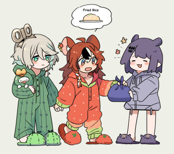 ahoge animal_ears blunt_bangs cecilia_immergreen fongban_illust green_eyes green_hair green_slippers green_streaks grey_hair hakos_baelz highres holoadvent holocouncil holojustice hololive hololive_english holopromise hood hoodie long_hair mouse_ears mouse_girl multicolored_hair ninomae_ina&#039;nis onesie open_mouth pajamas pointy_ears purple_hair purple_hoodie red_hair red_slippers short_hair sidelocks simple_background slippers smile streaked_hair takodachi_(ninomae_ina&#039;nis) tentacle_hair virtual_youtuber white_background winding_key