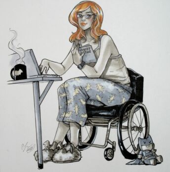 1girl animal_print barbara_gordon bat_(symbol) bat_print batman_(series) book character_doll computer cup dc_comics disposable_cup doll female_focus glasses laptop oracle oracle_(dc) orange_hair pajamas simple_background sitting slippers solo stuffed_toy tank_top wheelchair
