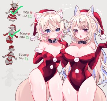 2girls animal_ears bare_shoulders blonde_hair blue_eyes blue_hair breasts christmas cleavage commentary cowboy_shot dog_ears dog_girl dog_tail english_commentary fuwawa_abyssgard grey_background hat highres hololive hololive_english large_breasts leotard long_hair mococo_abyssgard multiple_girls pink_eyes pink_hair pochaimo red_leotard santa_hat short_hair siblings simple_background sisters small_breasts strapless strapless_leotard tail twins twitter_strip_game_parody two_side_up virtual_youtuber