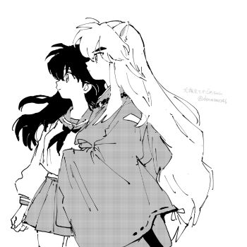 1boy 1girl animal_ears breasts denbu_momo dog_boy dog_ears greyscale hakama highres higurashi_kagome inuyasha inuyasha_(character) japanese_clothes long_hair medium_breasts miniskirt monochrome pleated_skirt ribbon-trimmed_sleeves ribbon_trim school_uniform serafuku skirt smile translation_request twitter_username very_long_hair