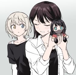 Rule 34 | 2girls, akni, bang dream!, bang dream! it&#039;s mygo!!!!!, black mask, black shirt, blonde hair, blue eyes, blush, brown hair, character doll, collared shirt, commentary request, gradient background, grey background, grey eyes, kaname raana, korean commentary, layered sleeves, long hair, long sleeves, mask, mouth mask, multiple girls, open clothes, open shirt, parted lips, shiina taki, shirt, short hair, short over long sleeves, short sleeves, sweat, upper body, white background, yahata umiri, yellow eyes