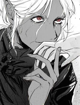 Rule 34 | baldur's gate, baldur's gate 3, crutch c, dark-skinned female, dark elf, dark skin, dungeons & dragons, dungeons &amp; dragons, elf, highres, kiss, kissing hand, minthara, orin the red, pointy ears, portrait, red eyes, spot color, white hair