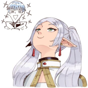 1boy 1girl blue_hair capelet commentary earrings english_commentary frieren gold_trim green_eyes grey_hair hair_over_shoulder head_tilt himmel_(sousou_no_frieren) jewelry long_pointy_ears looking_up parted_bangs pointy_ears simple_background smile solo_focus sousou_no_frieren sparkle teardrop_earrings twintails upper_body upward_angle_frieren_drawing wanderjegson white_background white_capelet